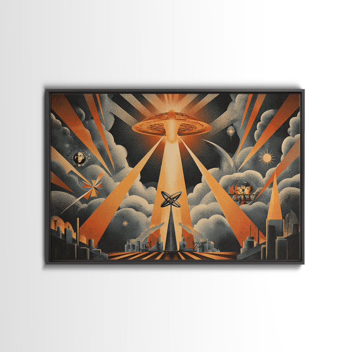 UFO Beam Over City Canvas Print, Retro Sci Fi Poster, Atomic Space Wall Art, Midcentury Modern MCM Decor, Orange Rays Print