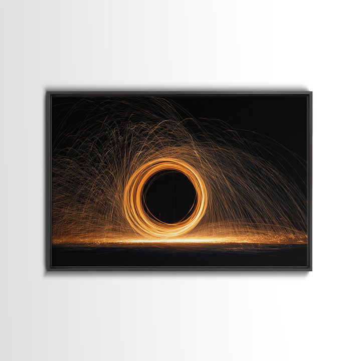 Orange Black Hole Light Trails Wall Art, Modern Abstract Art Print, Cosmic Retro Decor, Home Office Art, Framed Canvas Print