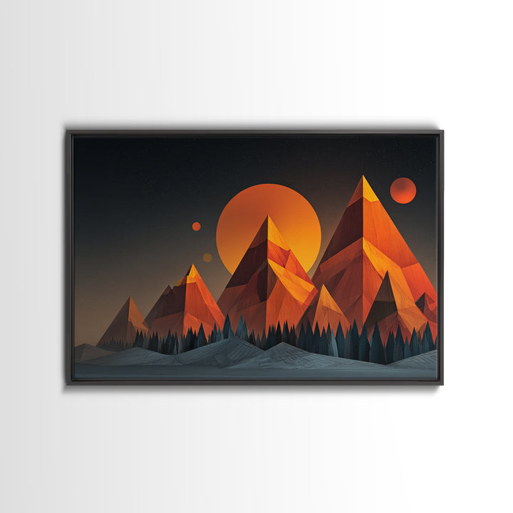 Orange Planet Pyramid Mountains Framed Canvas Print, Retro Futuristic Wall Art, Geometric Sci Fi Poster, MCM Home Decor Print