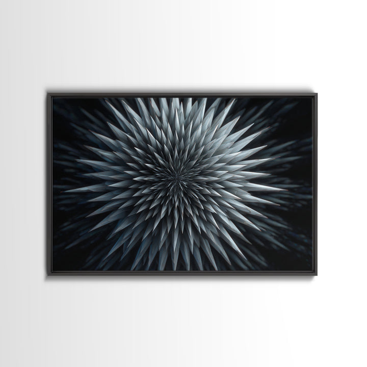 Metallic Crystal Starburst Framed Canvas Print, Modern Abstract Art, Geometric Wall Decor, Black Blue Statement Art Poster