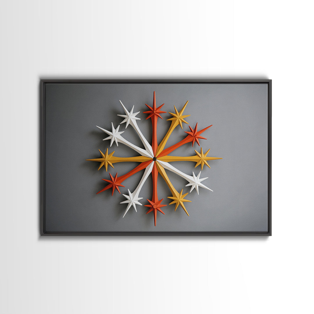 Atomic Star Wall Sculpture Wall Art, Midcentury Modern Home Decor Print, Retro 50s Space Age Poster, Orange Yellow Gray MCM