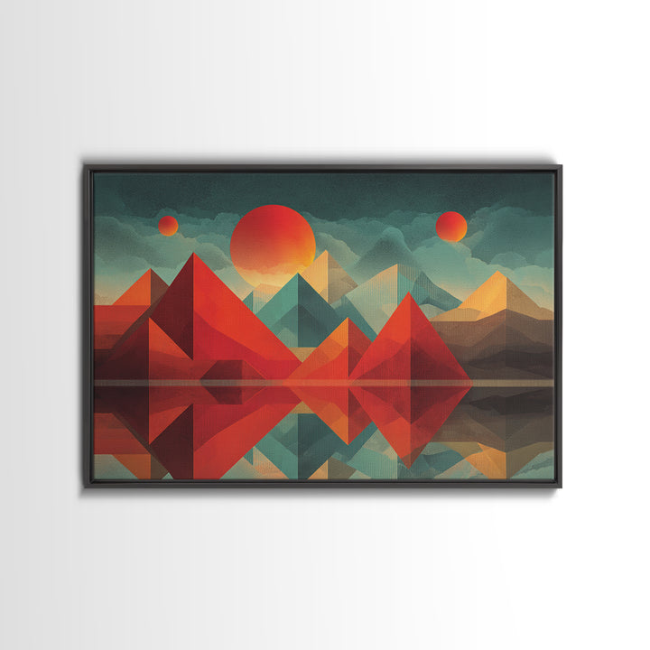 Geometric Red Pyramid Mountains Reflection Wall Art, Midcentury Modern Abstract Landscape, Retro MCM Decor, Canvas Print