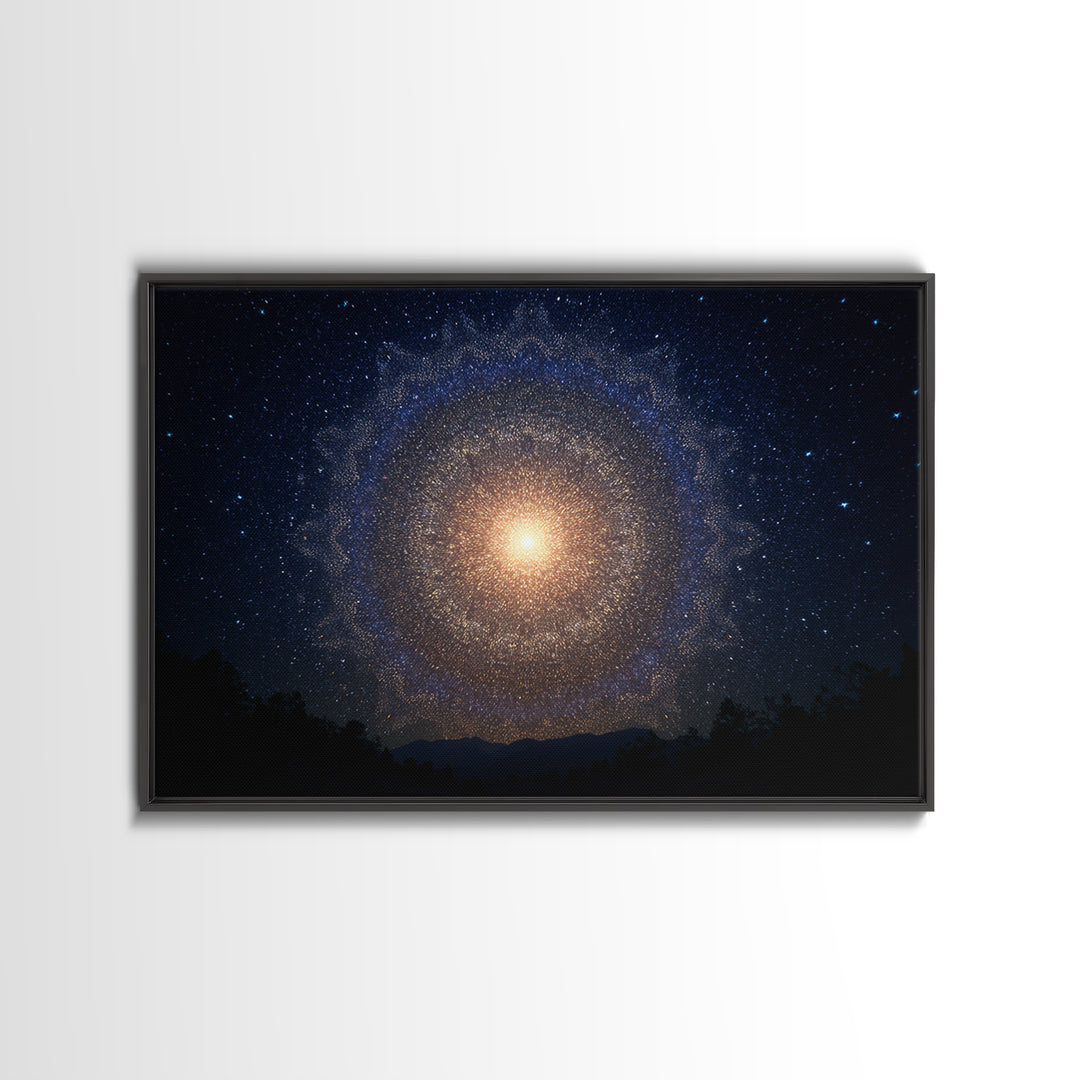 Starry Night Cosmic Mandala Canvas Print, Modern Abstract Wall Art, Galaxy Poster, Blue Space Decor For Bedroom Home Office