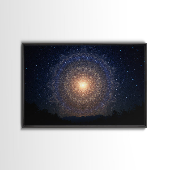 Starry Night Cosmic Mandala Canvas Print, Modern Abstract Wall Art, Galaxy Poster, Blue Space Decor For Bedroom Home Office