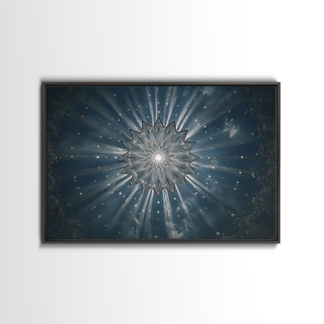 Radiant Blue Celestial Mandala Starburst Wall Art, Midcentury Modern Art Print, Atomic Retro Home Decor, Framed Canvas Print