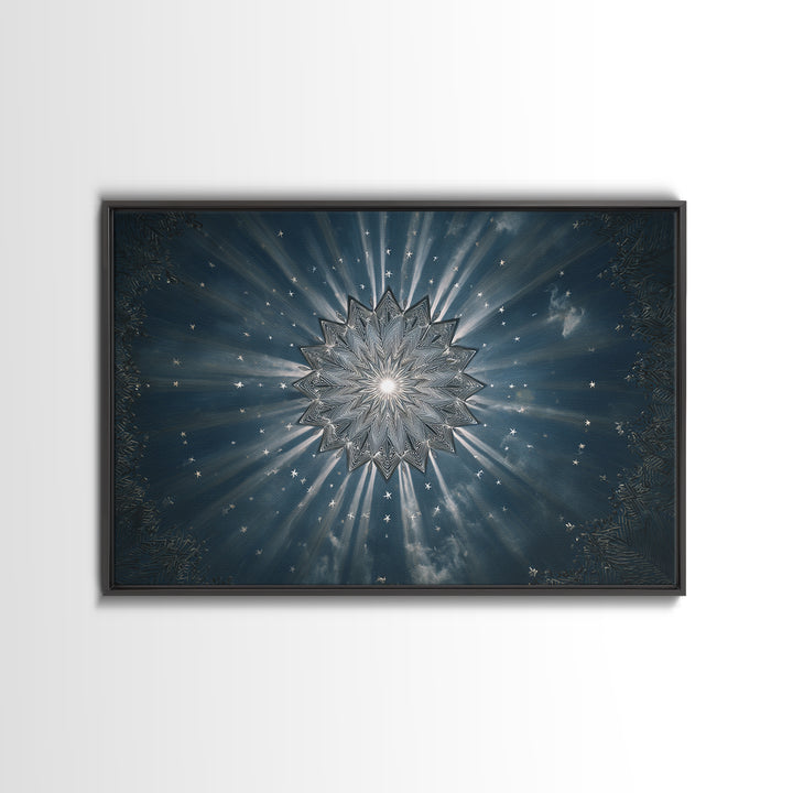Radiant Blue Celestial Mandala Starburst Wall Art, Midcentury Modern Art Print, Atomic Retro Home Decor, Framed Canvas Print