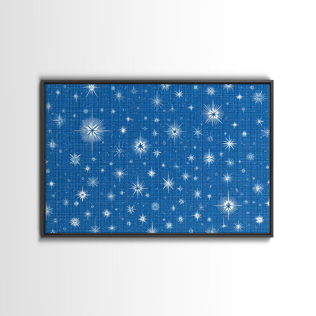 Blue Blueprint Atomic Starburst Wall Art, Midcentury Modern Art Print, Retro Geometric Pattern, Office Decor Canvas Print