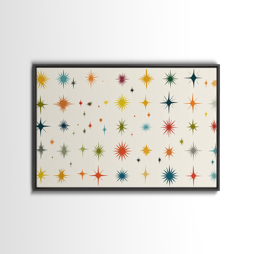Cream Atomic Starburst Pattern Wall Art, Midcentury Modern Print, Retro 50s Colorful Home Decor, MCM Framed Canvas Print