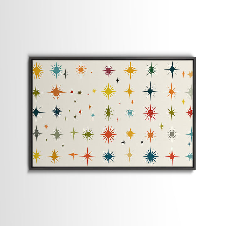 Cream Atomic Starburst Pattern Wall Art, Midcentury Modern Print, Retro 50s Colorful Home Decor, MCM Framed Canvas Print