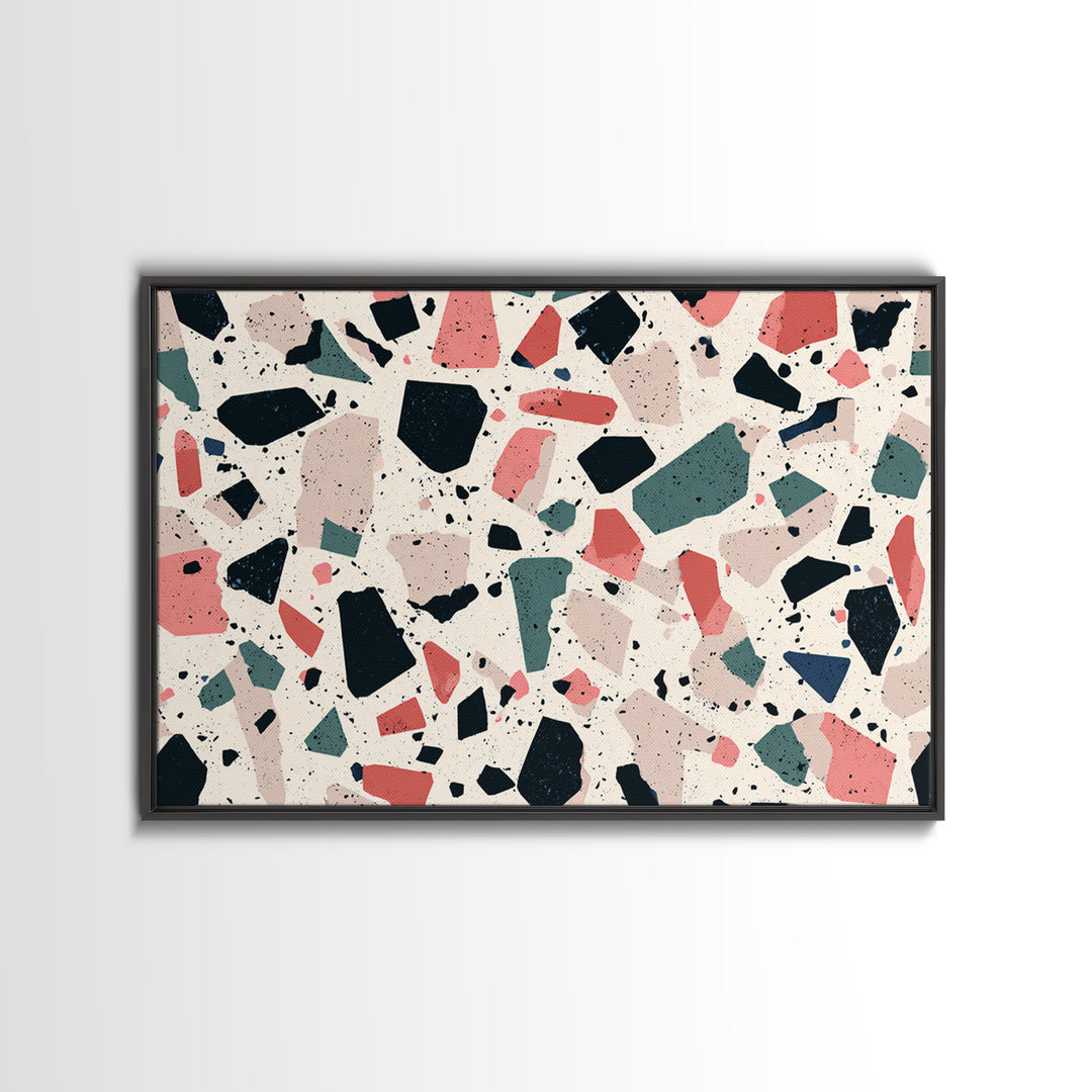 Coral Teal Terrazzo Abstract Wall Art, Midcentury Modern Art Print, Retro Geometric Pattern Home Decor, Framed Canvas Print