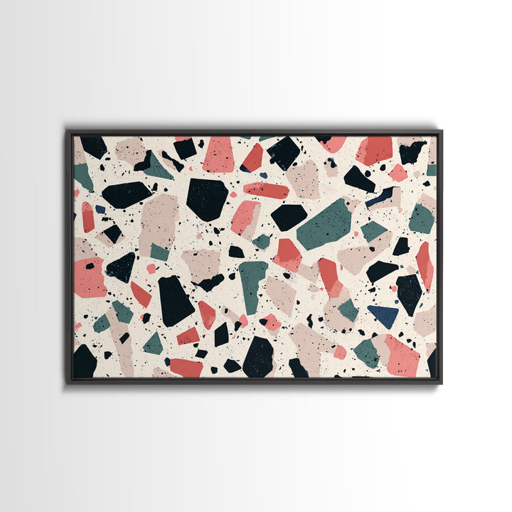 Coral Teal Terrazzo Abstract Wall Art, Midcentury Modern Art Print, Retro Geometric Pattern Home Decor, Framed Canvas Print