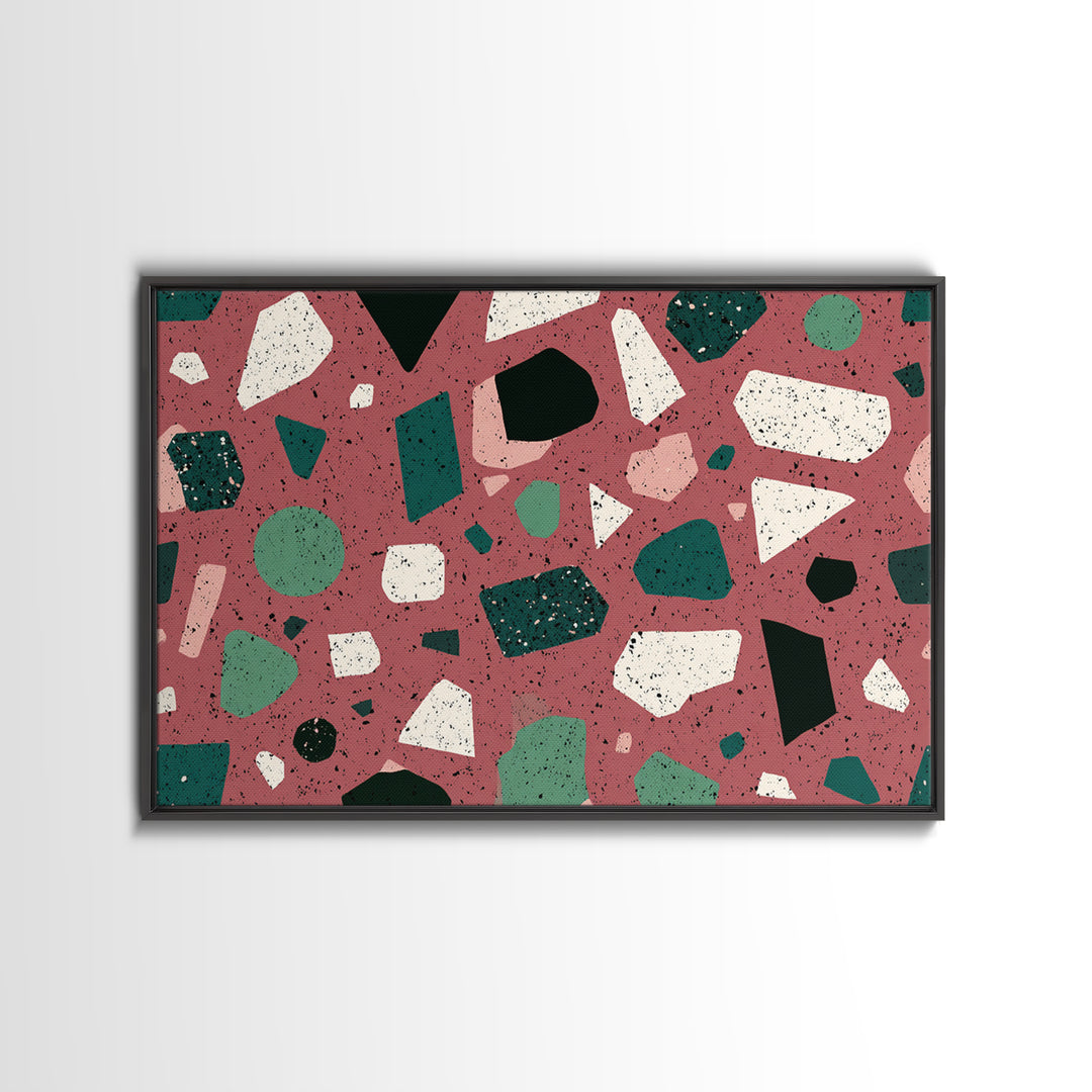 Rose Green Terrazzo Abstract Wall Art, Midcentury Modern Print, MCM Retro Geometric Pattern Home Decor, Framed Canvas Print