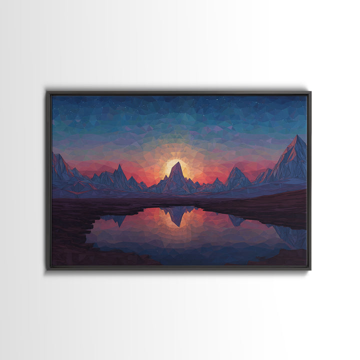 Low Poly Alpine Mountain Sunset Wall Art, Blue Lake Reflection Landscape, Modern Geometric Print, Scenic Home Office Decor