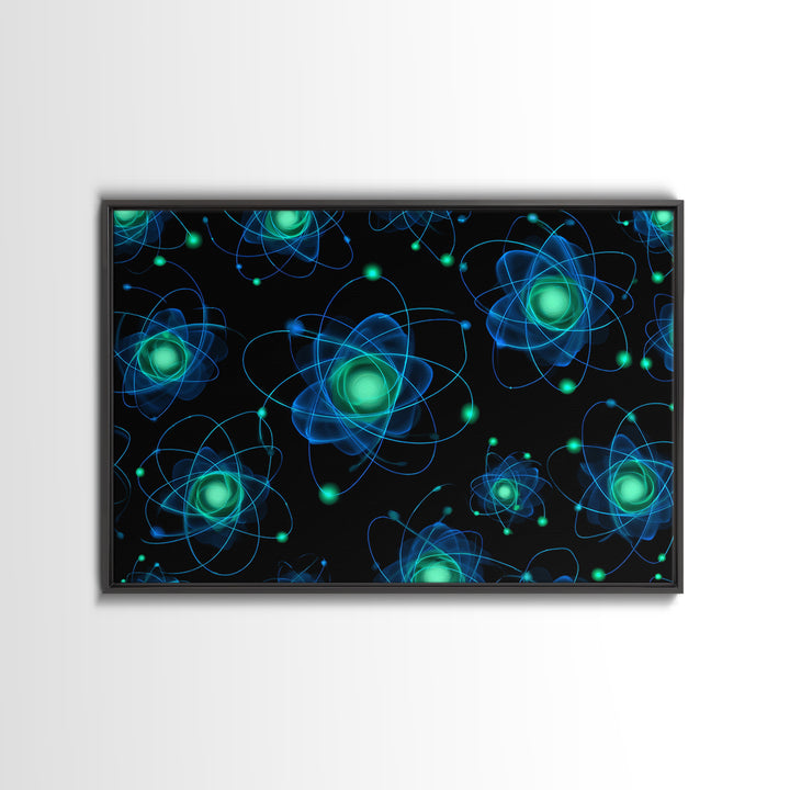 Glowing Blue Green Atomic Orbit Pattern Wall Art, Mid Century Modern Decor, Retro Sci Fi Poster, MCM Wall Decor, Geometric Art Print