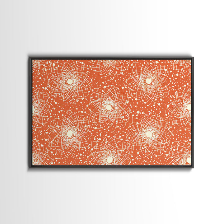 Orange White Atomic Orbit Pattern Canvas Print, Mid Century Modern Decor, Retro Science Poster, Geometric Wall Art, MCM Home Decor