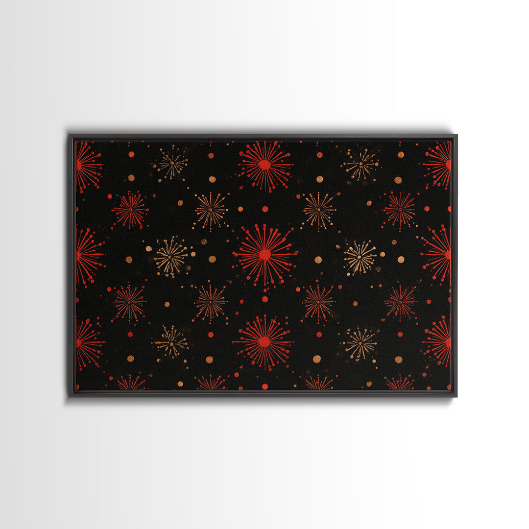 Red Gold Atomic Starburst Pattern Wall Art, Mid Century Modern Decor, Retro 1950s Poster, Black Wall Decor, MCM Geometric Art Print