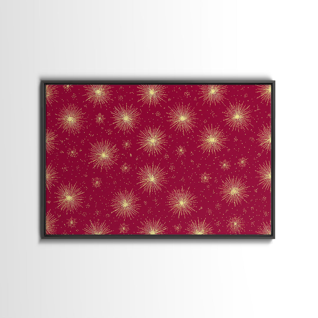 Burgundy Gold Starburst Pattern Wall Art, Mid Century Modern Decor, Retro Atomic Poster, Red Wall Decor, MCM Geometric Art Print