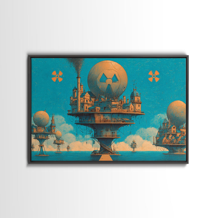 Floating Nuclear City Wall Art, Retro Sci Fi Poster, Industrial Dystopian Decor, Teal Orange Canvas Print, Statement Art