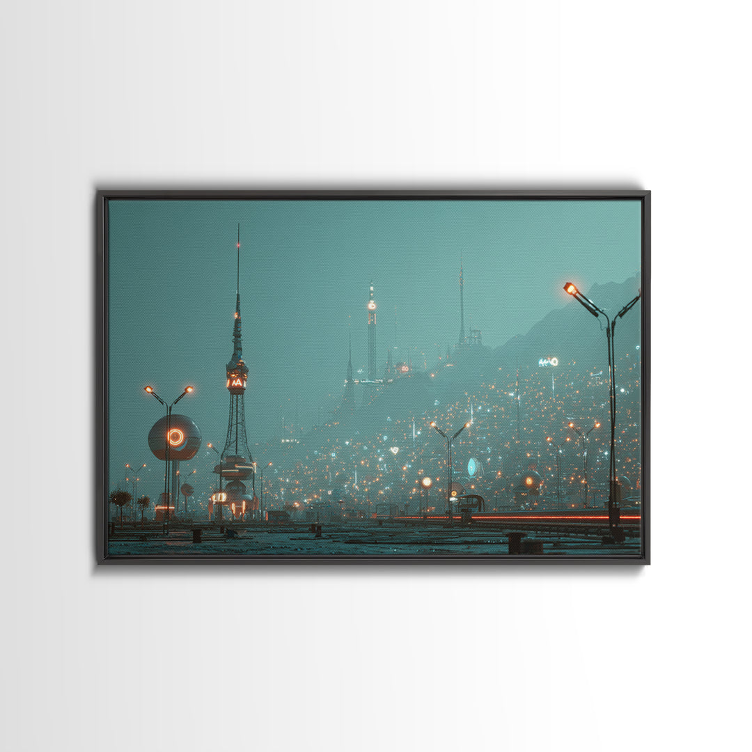 Foggy Futuristic Teal City Towers Wall Art, Midcentury Modern Sci Fi Skyline, Retro Urban Poster, MCM Office Decor, Modern Wall Decor
