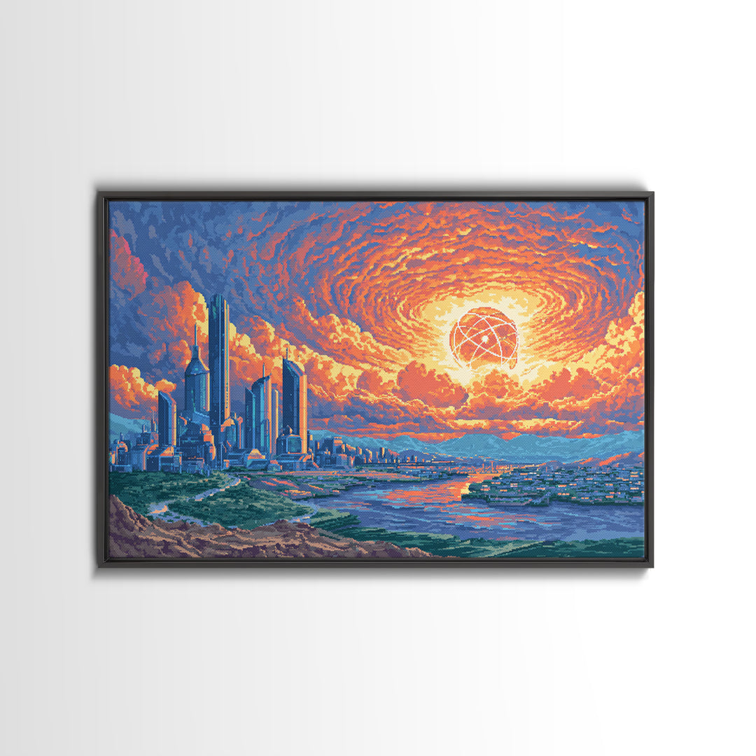 Atomic Sunset Futuristic City Canvas Print, Midcentury Modern Wall Art, Retro Sci Fi Skyline Poster, Colorful MCM Decor