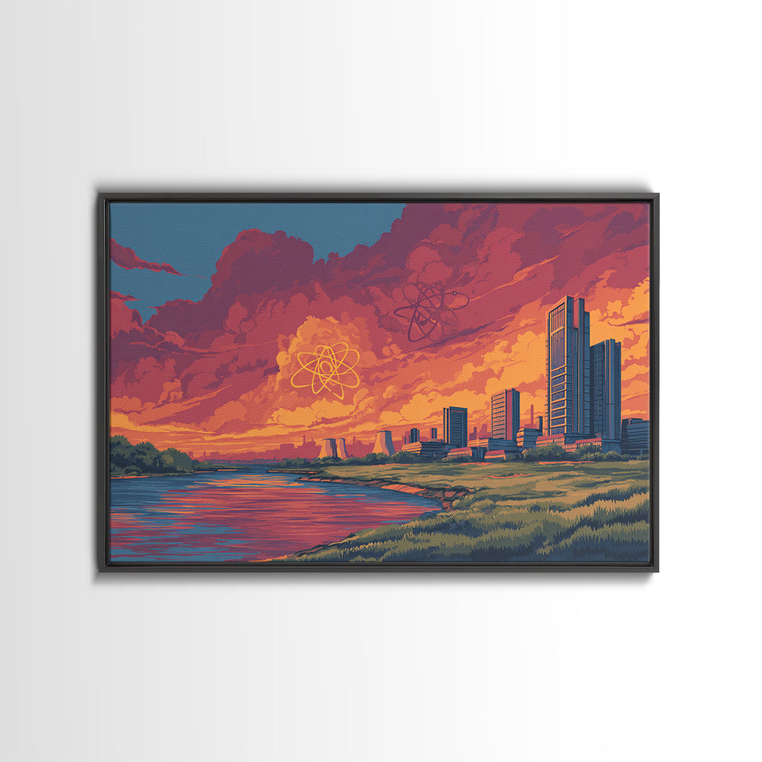 Red Cloud Atomic Waterfront Skyline Wall Art, Midcentury Modern Canvas Print, Retro Sci Fi Sunset Poster, Colorful Home Decor
