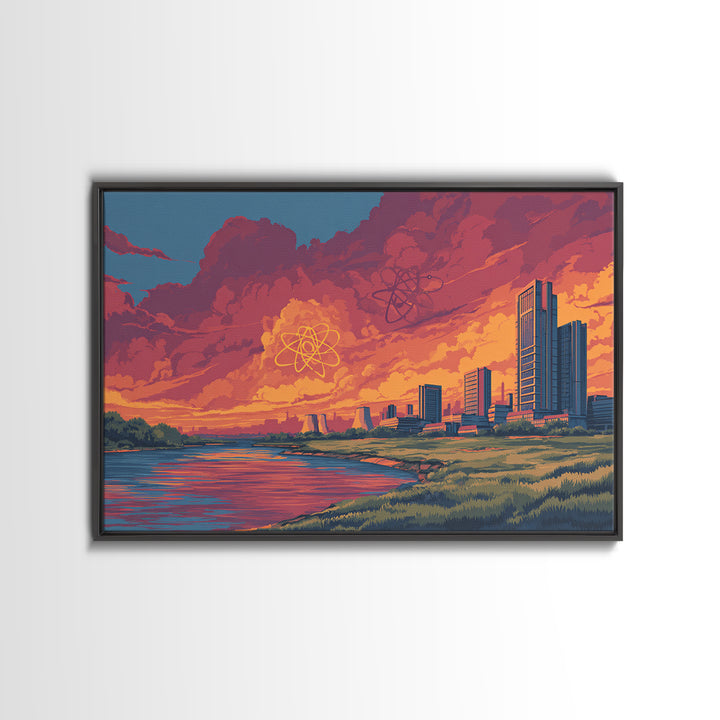 Red Cloud Atomic Waterfront Skyline Wall Art, Midcentury Modern Canvas Print, Retro Sci Fi Sunset Poster, Colorful Home Decor