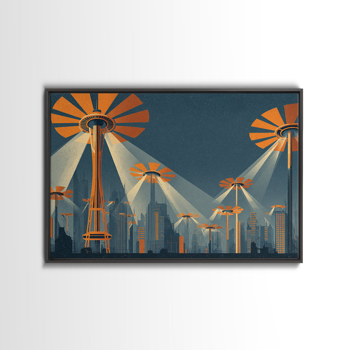 UFO Searchlight Future City Wall Art, Midcentury Modern Sci Fi Poster, Retro Space Needle Skyline, Orange MCM Decor, Modern Wall Decor