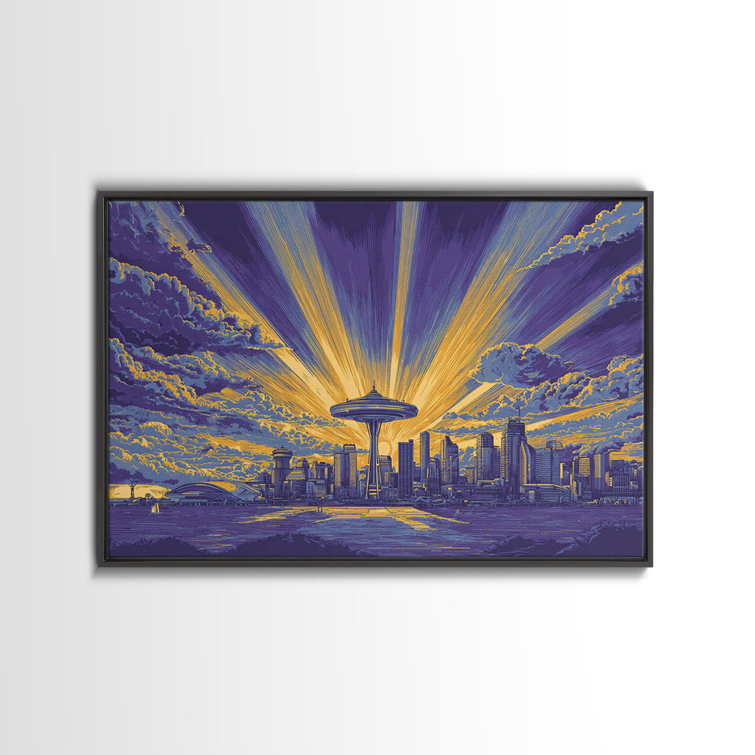 Seattle Space Needle Sunburst Wall Art, Midcentury Modern Canvas Print, Retro Skyline Poster, Purple Yellow MCM Home Decor