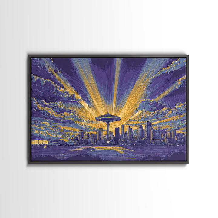Seattle Space Needle Sunburst Wall Art, Midcentury Modern Canvas Print, Retro Skyline Poster, Purple Yellow MCM Home Decor