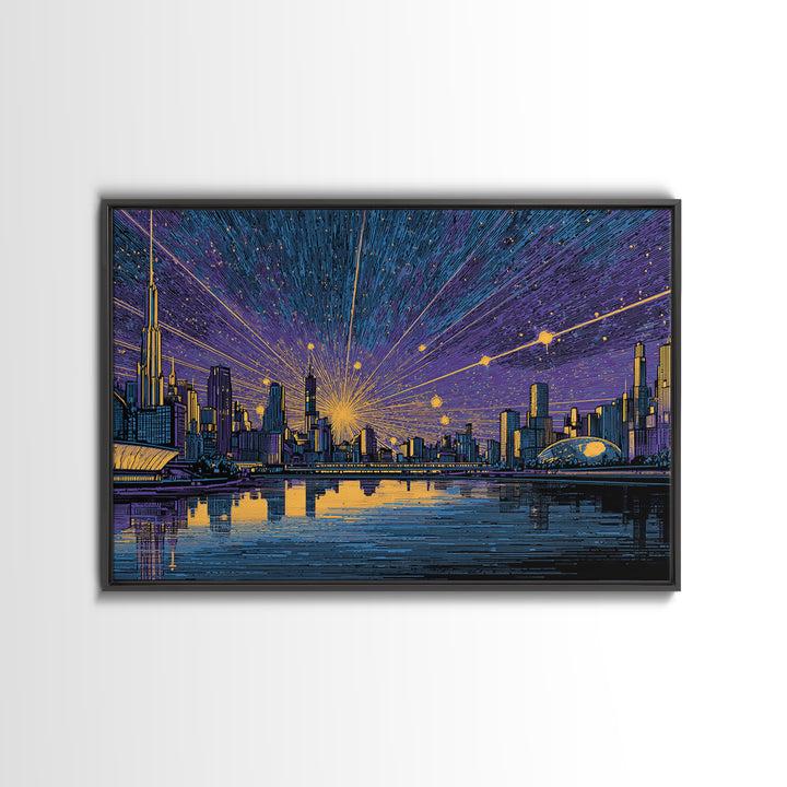 Futuristic Skyline Meteor Shower Wall Art, Midcentury Modern Sci Fi City Poster, Blue Gold Urban Decor, MCM Office Print