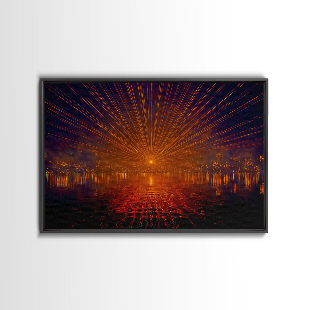 Orange Laser Sunset Over Water Wall Art, Modern Abstract Sci Fi Landscape, Retro Futuristic Poster, Large MCM Office Decor