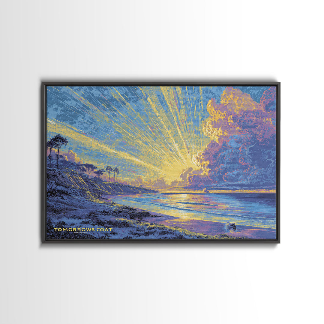 Radiant Coastal Sunset With Palm Trees Wall Art, Ocean Sunrise Landscape, Blue Yellow Beach Decor, Scenic Framed Canvas Print