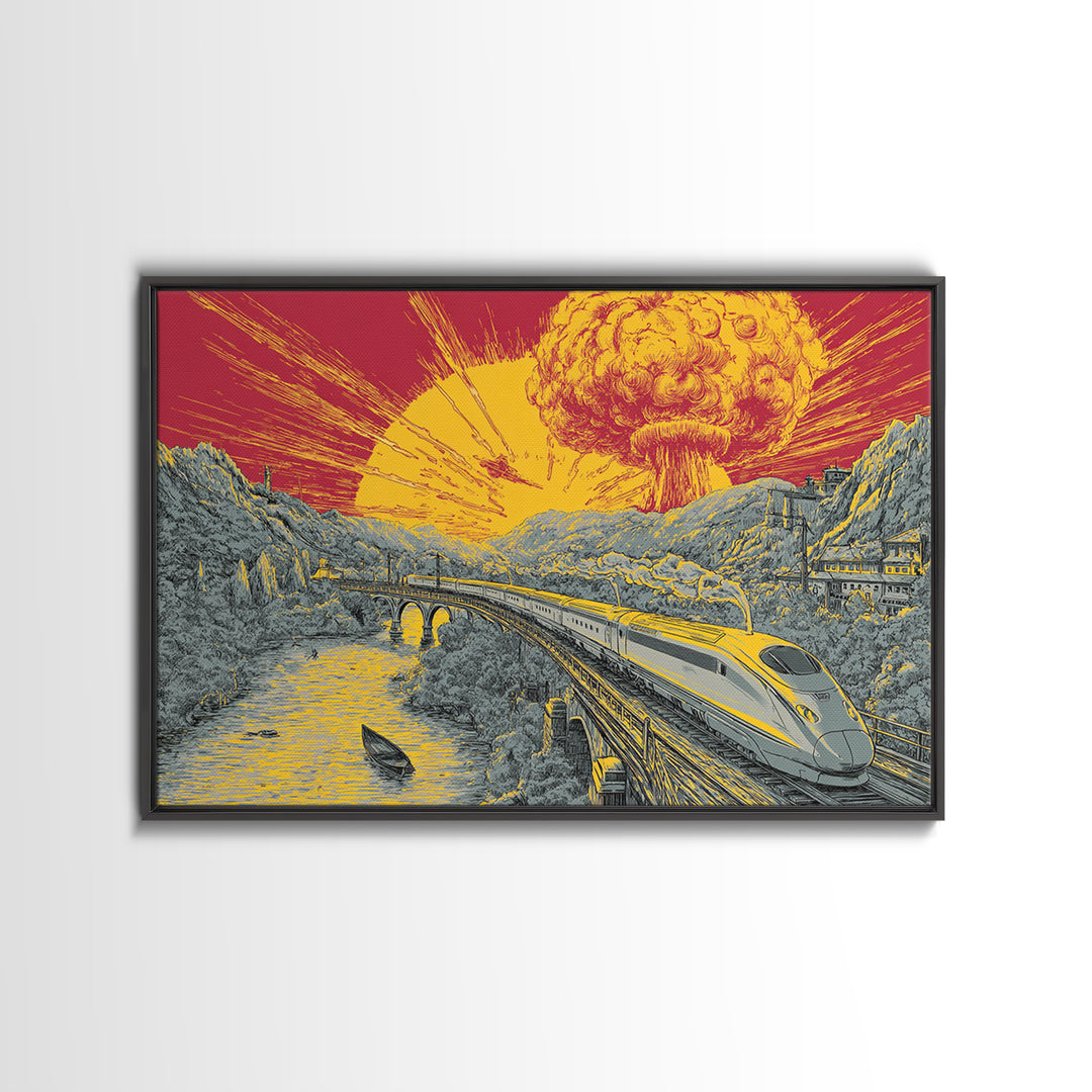 Nuclear Bullet Train Landscape Canvas Print, Apocalyptic Retro Poster, Sci Fi Wall Decor, Dramatic Yellow Art, Modern Wall Art