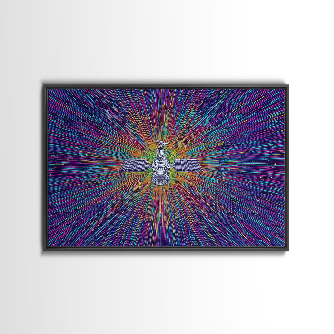 Warp Speed Satellite Explosion Wall Art, Colorful Space Abstract Poster, Sci Fi Retro Print, Modern Digital Art, Office Decor