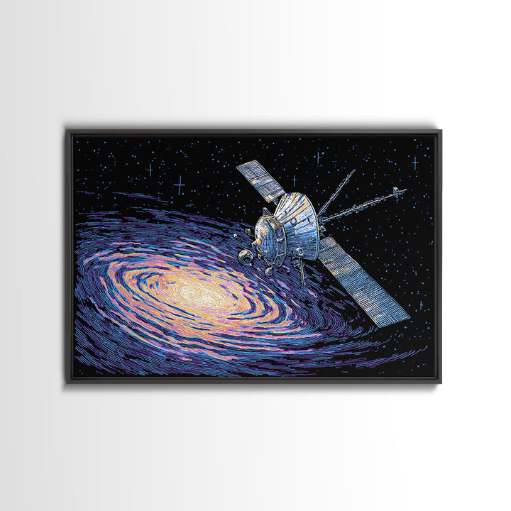 Galaxy Probe Over Vortex Framed Canvas Print, Starry Sci Fi Poster, Retro Space Abstract Art, Blue Wall Decor For Office