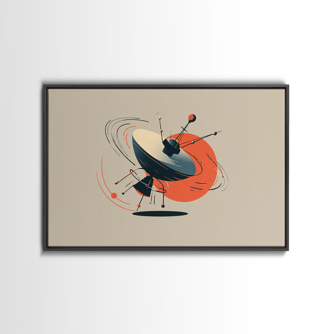 Atomic Sputnik Satellite Sculpture Wall Art, Mid Century Modern Poster, Orange Beige Retro Print, Geometric Space Home Decor