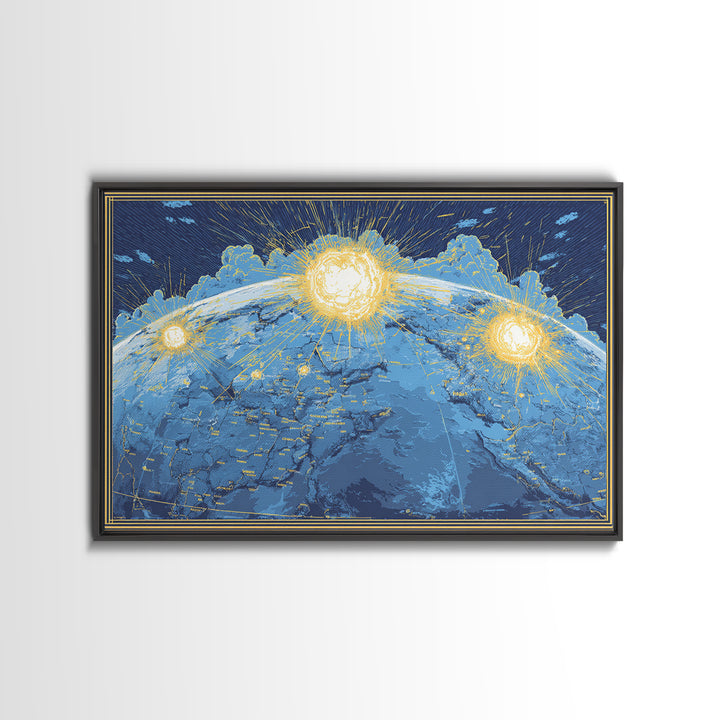 Illuminated Blue Earth Map With Three Suns Wall Art, Celestial Modern Artwork, Space Poster Decor, Global Framed Canvas Print