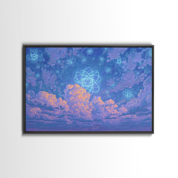 Dreamy Atomic Cloud Sky Wall Art, Pastel Space Poster, Celestial Midcentury Modern Decor, Blue Nursery Office Canvas Print