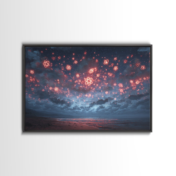 Red Atomic Night Sky Over Stormy Ocean Wall Art, Sci Fi Retro Art Print, Cosmic Retro Art, Space Abstract Art, Modern Wall Decor