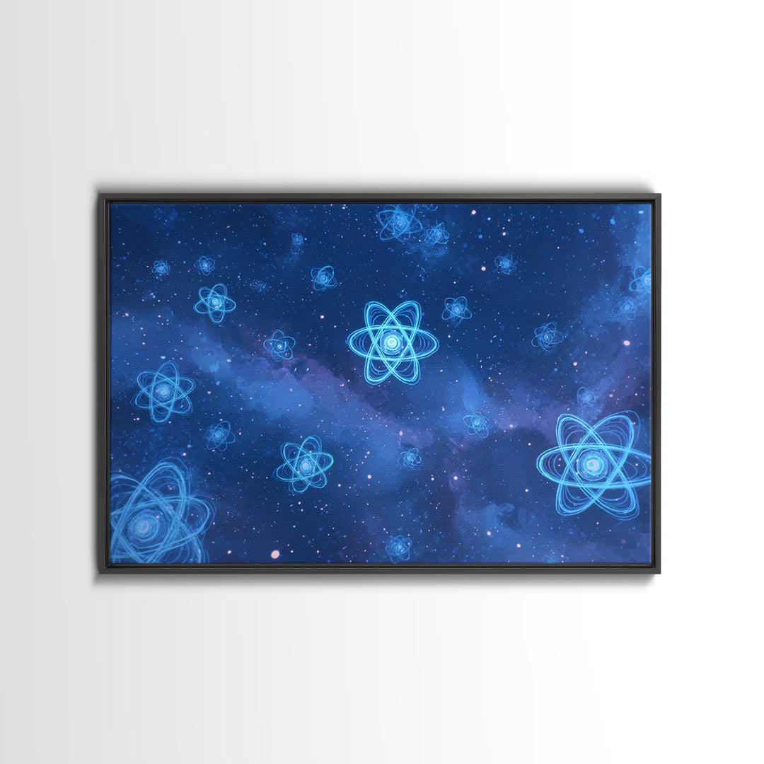 Blue Neon Atoms In Starry Nebula Canvas Print, Science Wall Art, Cosmic Retro Art, Modern Digital Art, Space Poster Decor