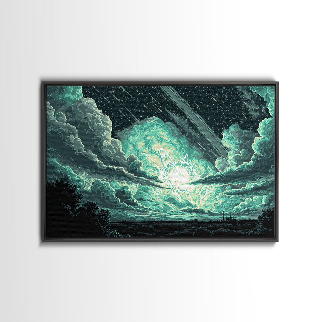 Glowing Meteor Burst In Emerald Clouds Wall Art, Pixel Sci Fi Landscape, Retro Art Poster, Space Abstract Art, Modern Wall Decor