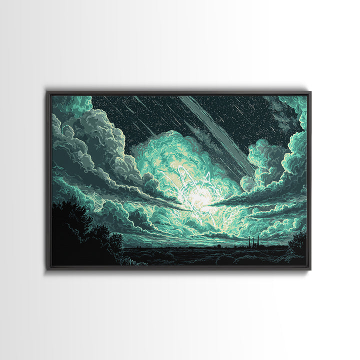 Glowing Meteor Burst In Emerald Clouds Wall Art, Pixel Sci Fi Landscape, Retro Art Poster, Space Abstract Art, Modern Wall Decor