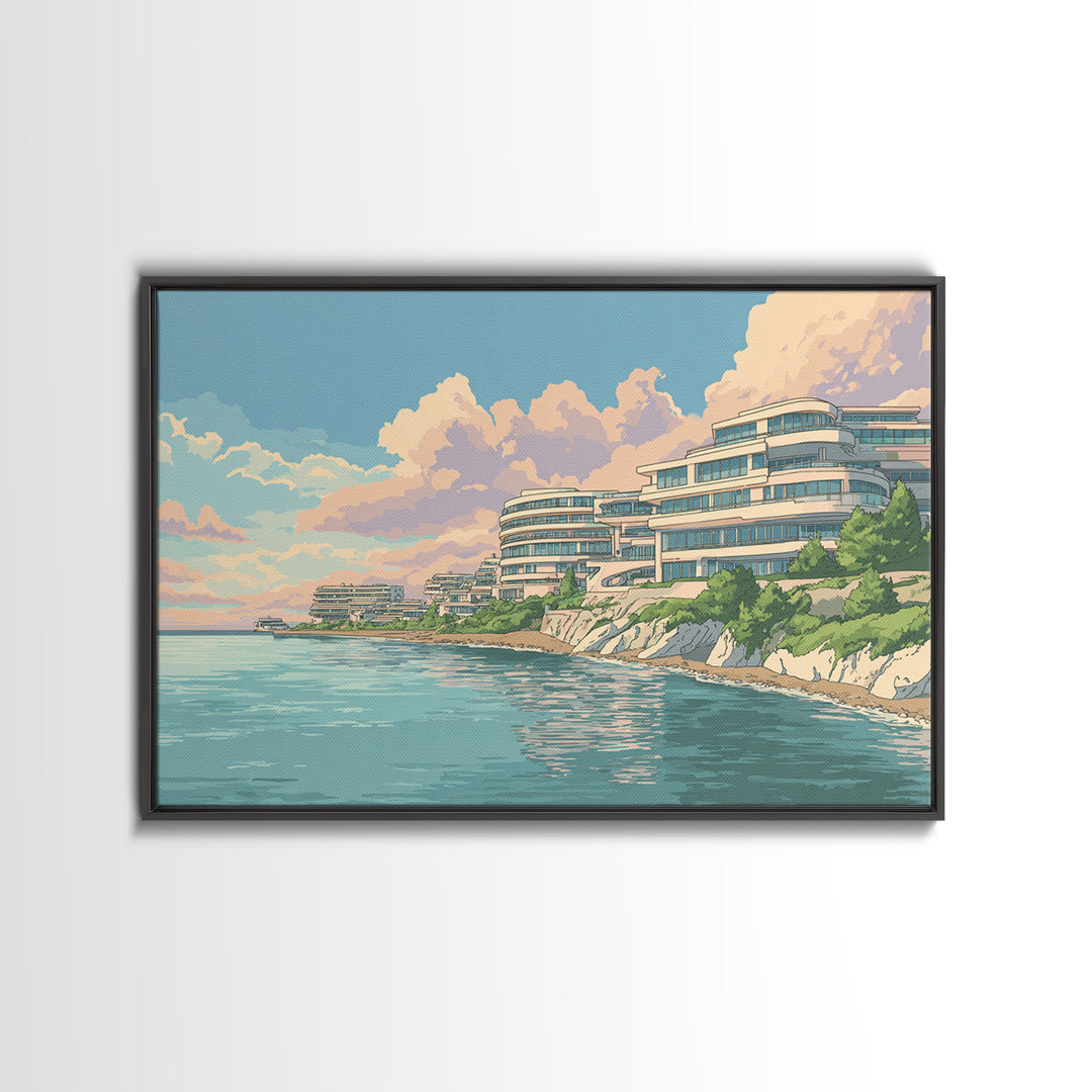 Pastel Coastal Modernist Apartments Canvas Print, Seaside Wall Art, Contemporary Print, Neutral Blue Home Decor, Ocean View Poster