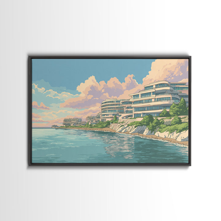 Pastel Coastal Modernist Apartments Canvas Print, Seaside Wall Art, Contemporary Print, Neutral Blue Home Decor, Ocean View Poster