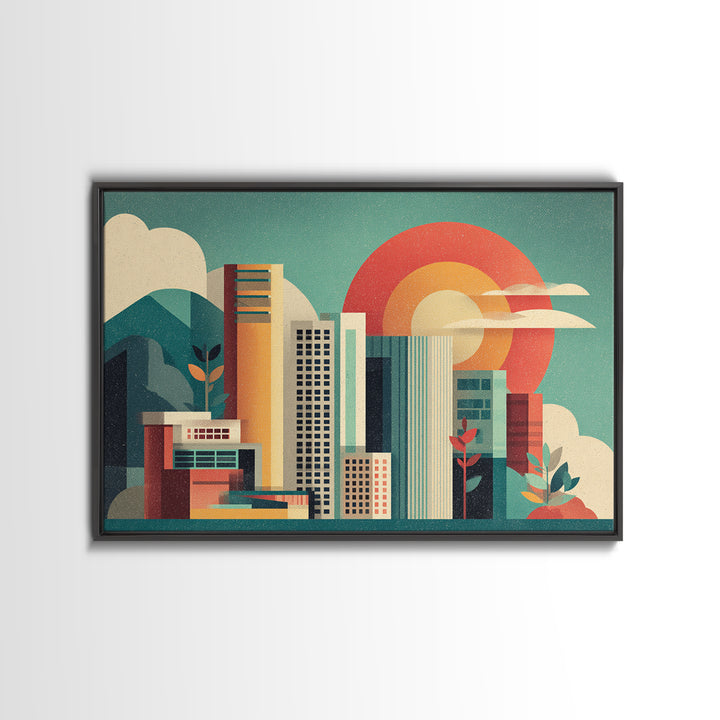 Modern City Skyline With Giant Sun Wall Art, Mid Century Modern Print, Geometric Abstract Poster, Colorful Office Decor Print