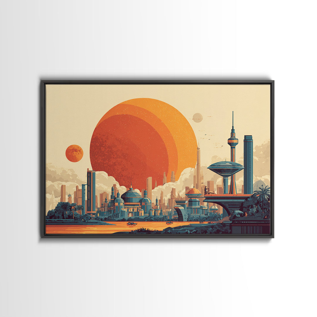Futuristic Planet Skyline With Domed City Wall Art, Mid Century Modern Poster, Retro Sci Fi Print, Colorful Home Decor Print
