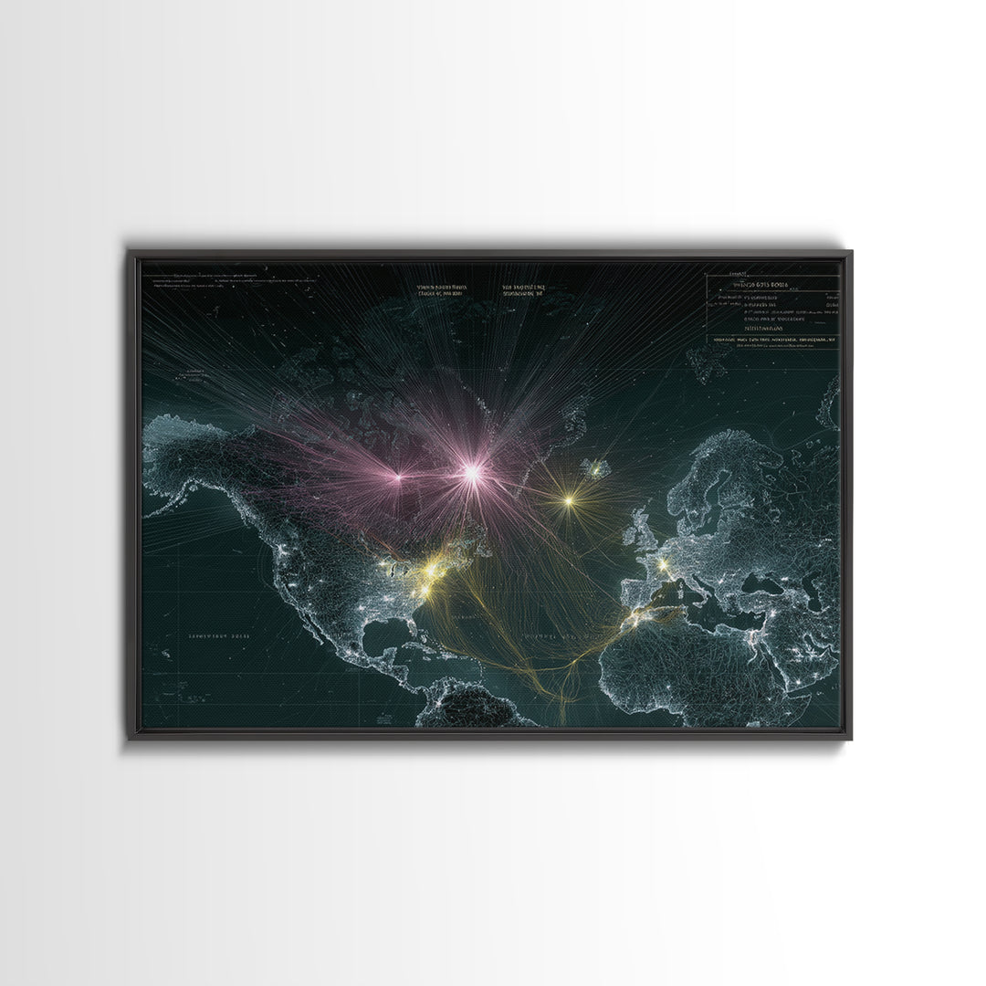 Glowing World Map Network Lights Wall Art, Modern Digital Data Artwork, Global Travel Decor, Sci Fi Space Framed Canvas Print