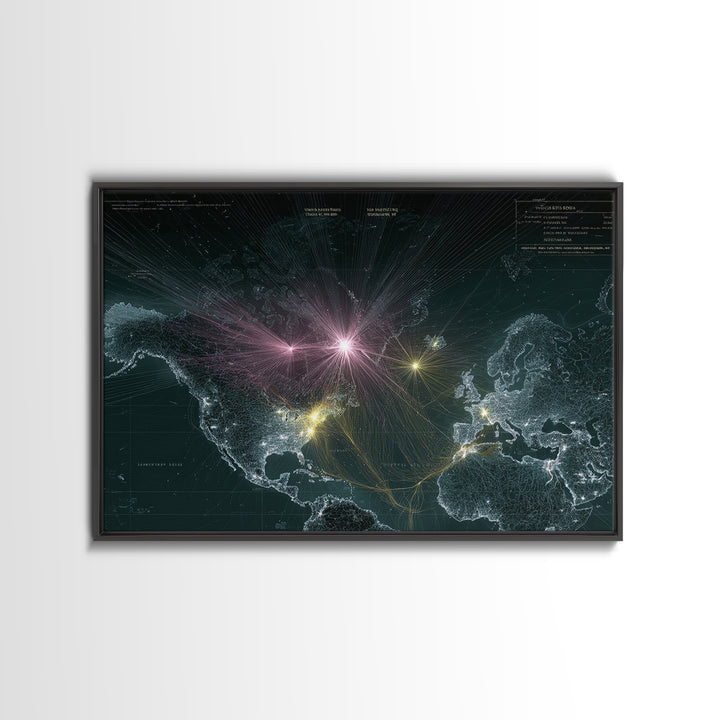 Glowing World Map Network Lights Wall Art, Modern Digital Data Artwork, Global Travel Decor, Sci Fi Space Framed Canvas Print