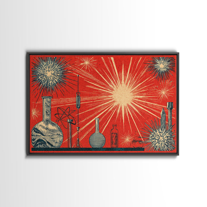 Atomic Science Lab Starburst Canvas Print, Midcentury Modern Art, Retro Wall Art, 1950s Design, Red Office Decor Poster Print