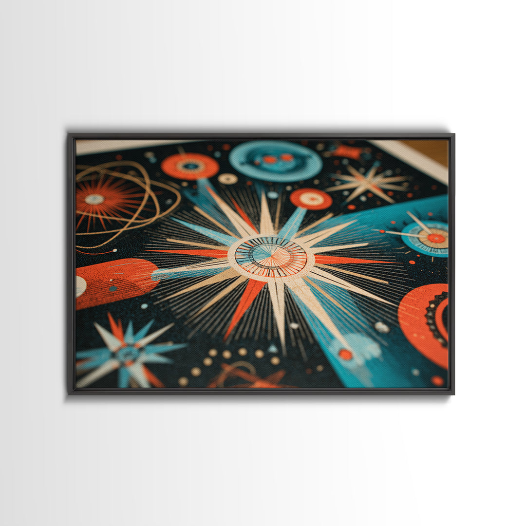 Teal Orange Atomic Starburst Framed Canvas Print, Midcentury Modern Wall Art, Retro Art Print, Space Age MCM Home Decor Poster